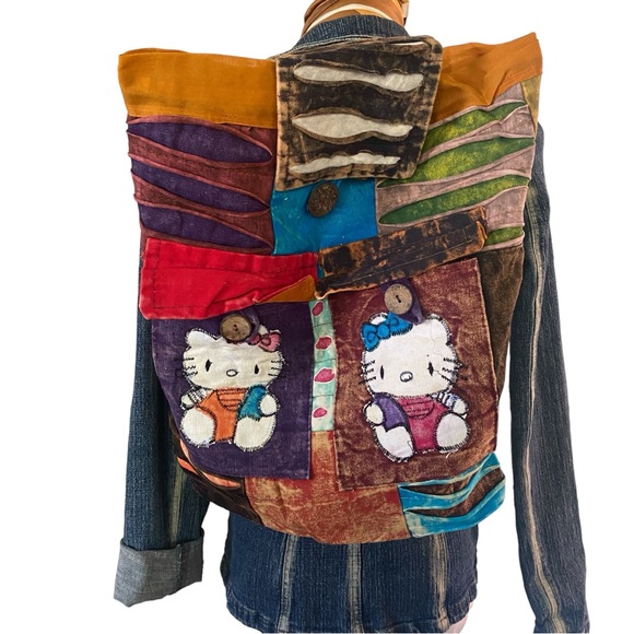HELLO Kitty style burlap Kantha bohemian patchwork knapsack backpack Large - Picture 15 of 16
